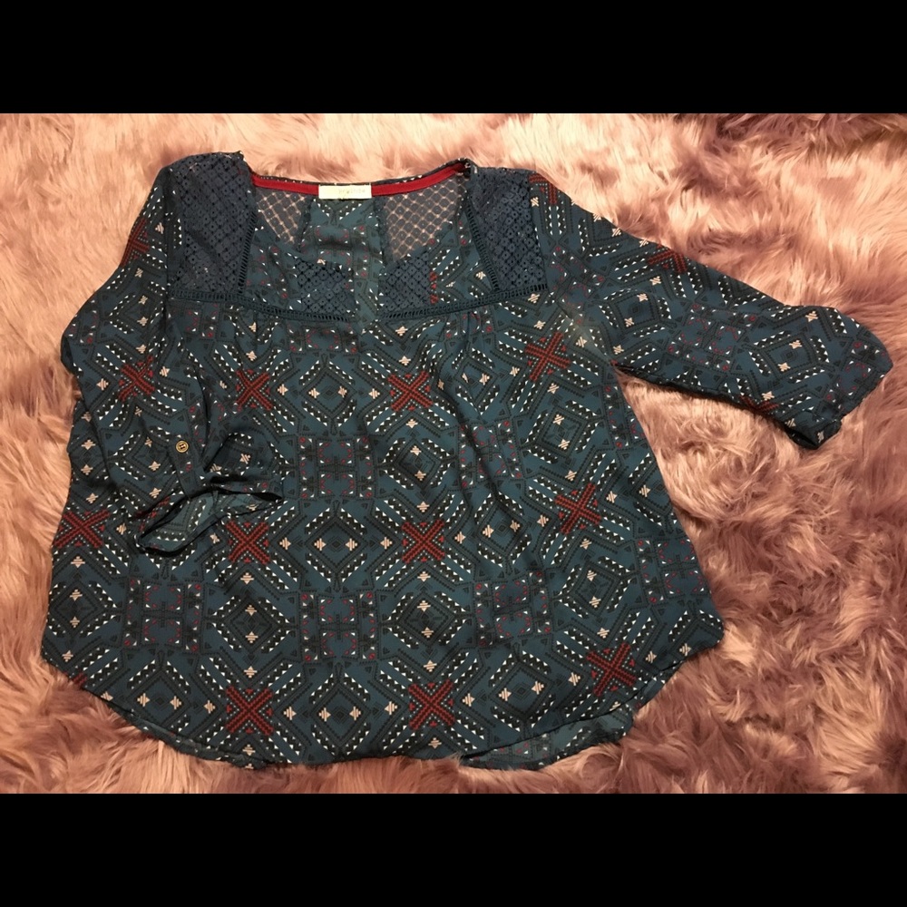 Flowy long sleeve teal patterned boho top